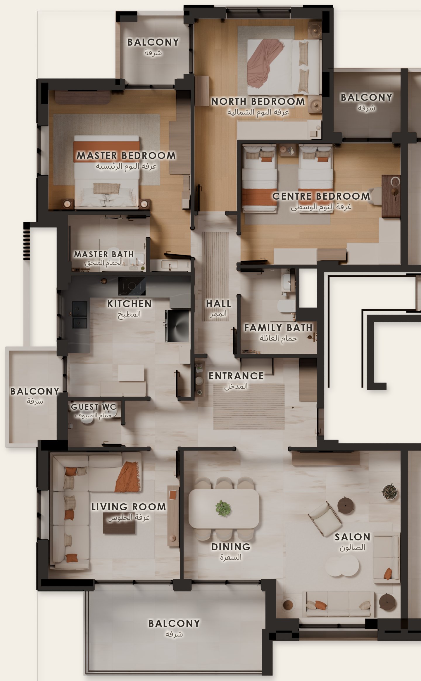 Furnished plan of one apartment on the typical floor